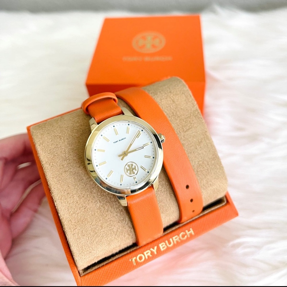 Tory Burch Collins Orange Double Wrap Gold Case Women's 32mm Watch.